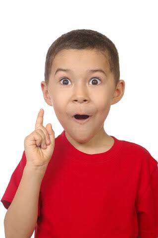 a young boy with brown hair and wearing a red tshirt is pointing his index finger up with a surprised and excited expression on his face, as if he just had an idea. he is standing against a plain white background.