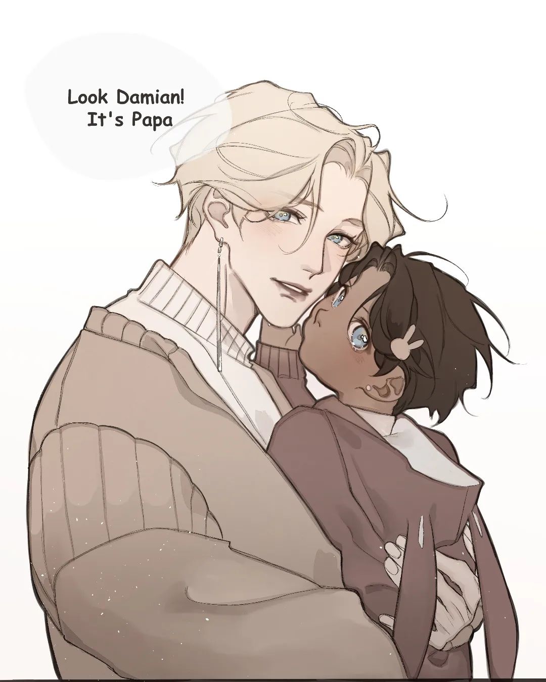 the image depicts a young man with blonde hair and blue eyes holding a young girl with brown hair and blue eyes. the man is wearing a brown sweater, and the girl is wearing a pink hoodie with rabbit ears. the man is smiling and pointing at something offpanel, with a thought bubble above his head saying "look damian! it's papa." the girl is looking at what the man is pointing at, with a slightly shocked but happy expression. the background is a simple white with a hint of gray. the image conveys a feeling of love, happiness, and tenderness between the two characters.