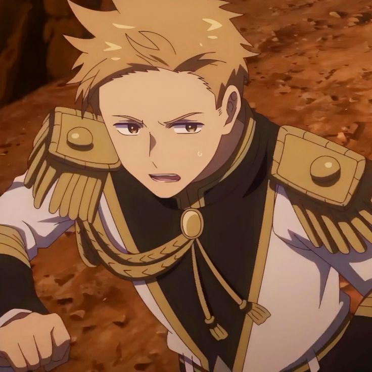 the image shows an anime male character with blond hair, wearing a white uniform with gold accents. he has a worried expression, with his eyes wide and his mouth slightly open. his fist is clenched, as if he is about to run away from something. he seems scared or anxious, possibly in danger. he is running away from a threat. the background is a brown, rocky, and desolate area.