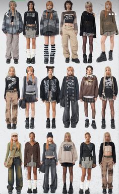 the image showcases a grid of 20 photographs featuring different women modeling various grungeinspired outfits against a plain background. each photo captures a woman standing, posing slightly, and displaying a unique ensemble that embodies an edgy, alternative style. the outfits consist of elements like graphic tees, oversized sweaters, plaid shirts, cargo pants, miniskirts, chunky boots, and platform shoes.  the consistent background and lighting emphasize the clothing and create a cohesive look across the grid, suggesting a fashion lookbook or style inspiration board.