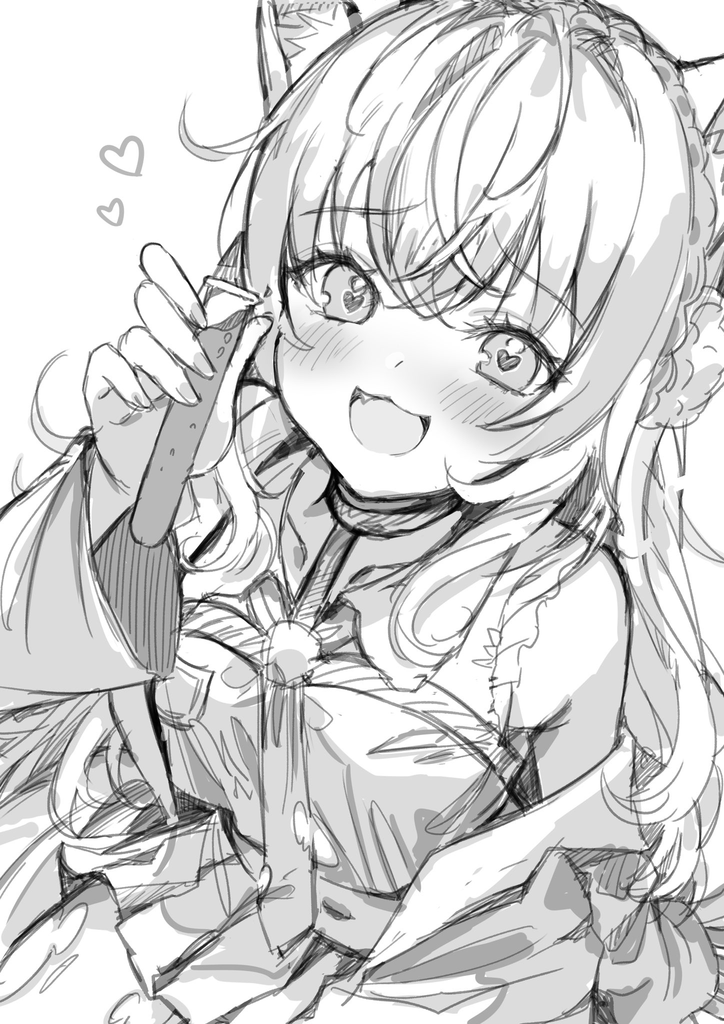 a black and white sketch of an animestyle girl with cat ears. she has long blonde hair and is smiling happily while holding a small, rectangular object that looks like a snack or food item. the style is loose and sketchy, with visible pencil strokes and shading.  the overall impression is cute and lighthearted.