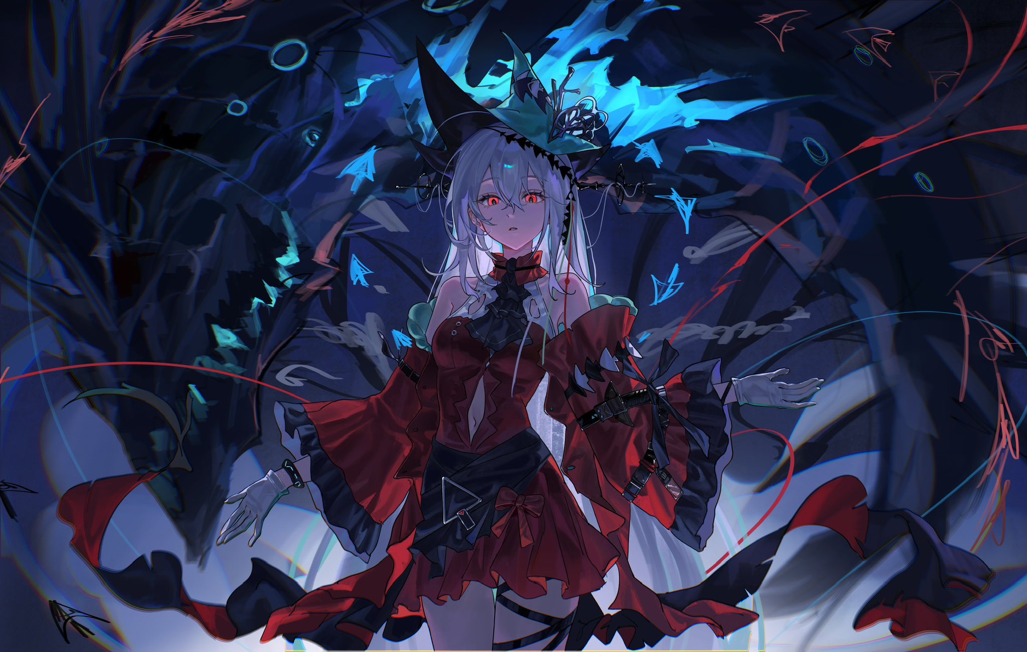 a digital art image depicts a female anime character dressed as a witch. she has long white hair and piercing red eyes, wearing a dark red dress with black accents. a tall, pointed black hat sits atop her head. she wears white gloves and stands against a backdrop of dark, shadowy shapes and vibrant blue flames. red ribbons and other floating objects surround her, adding to the mystical atmosphere. the overall color palette is dark, with the red and blue elements providing striking contrast.
