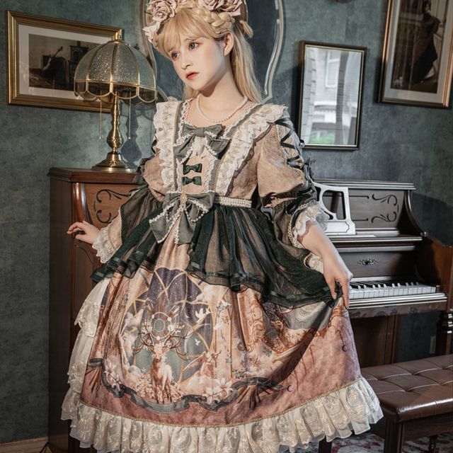 a young woman, adorned in an elaborate, romantic lolitastyle dress, stands beside an antique piano in a vintageinspired room. the soft, warm lighting enhances the overall romantic and elegant atmosphere.  her dress, a vision of cream, brown, and green hues, features intricate lace, bows, and a whimsical print.