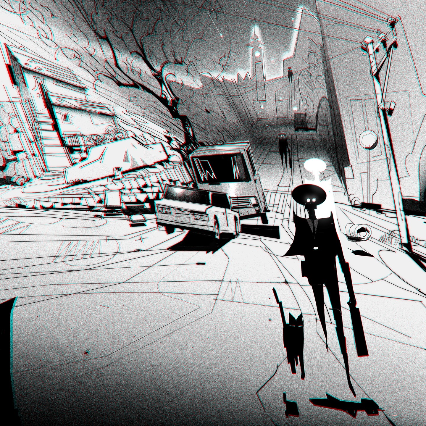 this is a black and white illustration of a dark, urban alleyway. there is a man in the center of the image, walking towards the viewer with a shadow cast behind him. there are buildings and vehicles in the background, and the street is lined with shadows. the overall tone of the image is dark and mysterious.