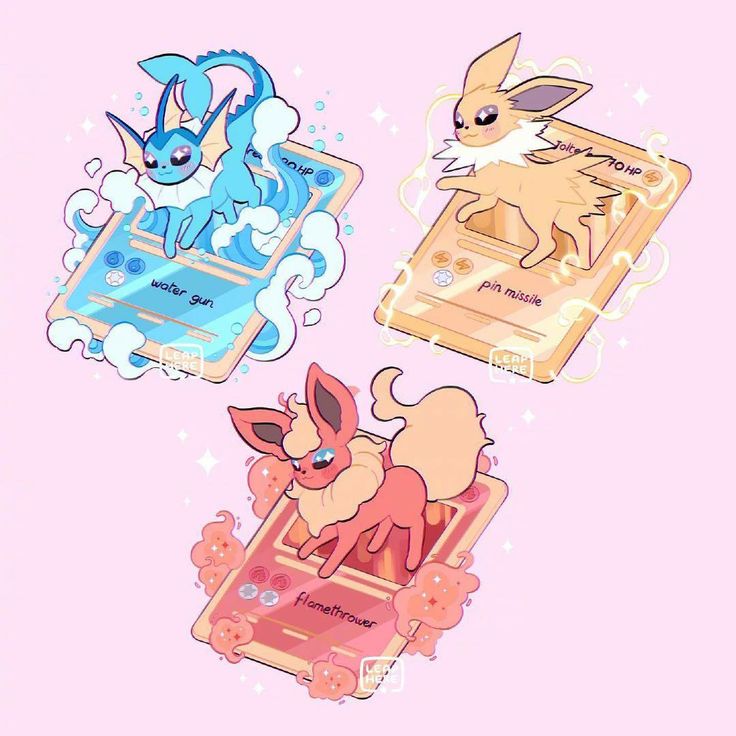 the image shows three pokemon cards with eevee evolutions on them. the cards are arranged in a triangle shape and are set against a pink background. the pokemon cards are cute and adorable, and the image is bright and cheerful. the top left card features vaporeon with the move "water gun." the top right card features jolteon with the move "pin missile." the bottom card features flareon with the move "flamethrower."