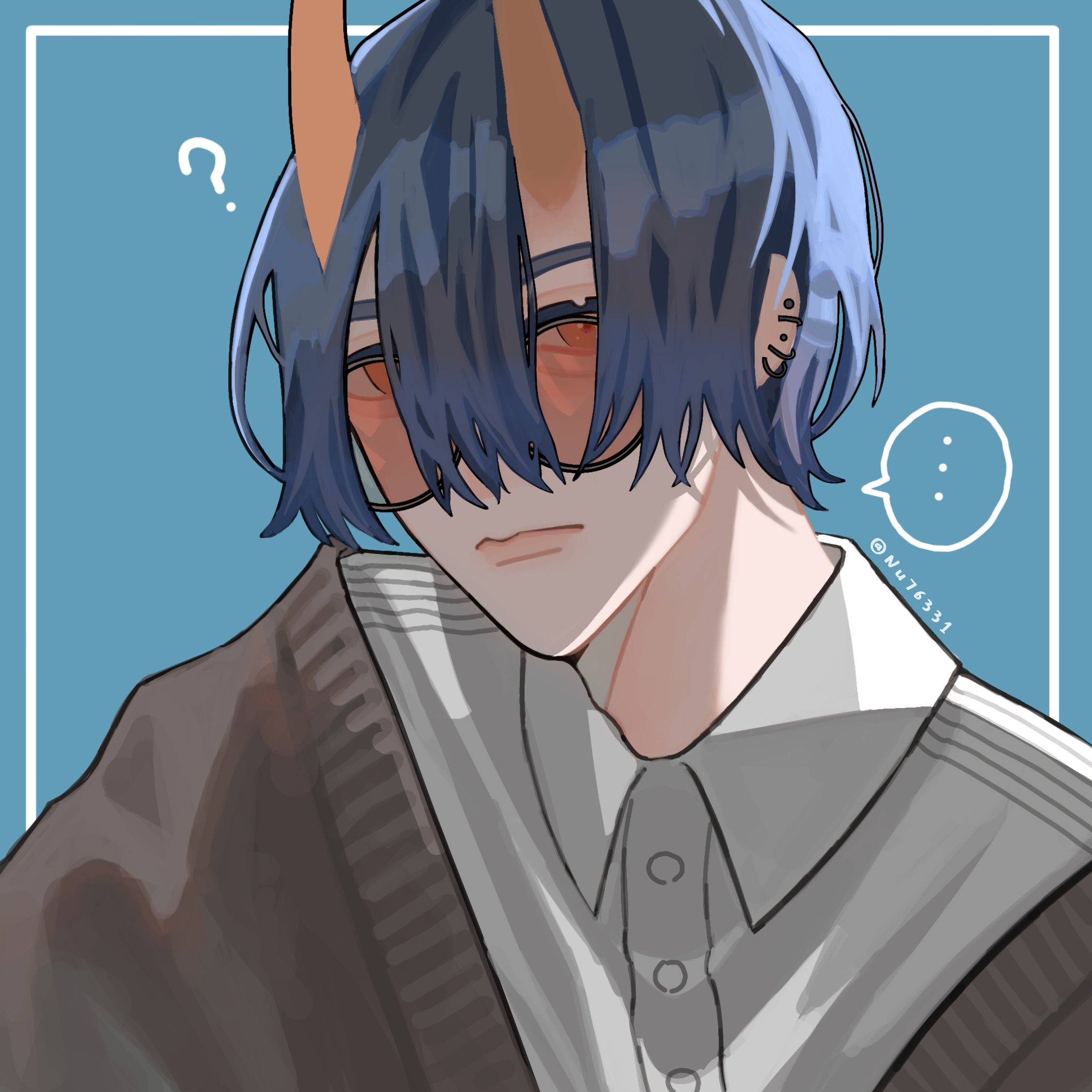 an anime boy with blue hair, blue eyes, pink glasses, wearing a white shirt, a brown jacket, and a sweater. he is looking to the left, with a curious and thoughtful expression on his face.  the background is blue. the image has a cartoon style.