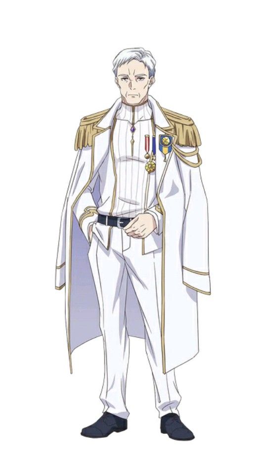 a full body portrait of a serious looking man in a white military suit. he has white hair, and is standing with his hands in his pockets. the background is white.