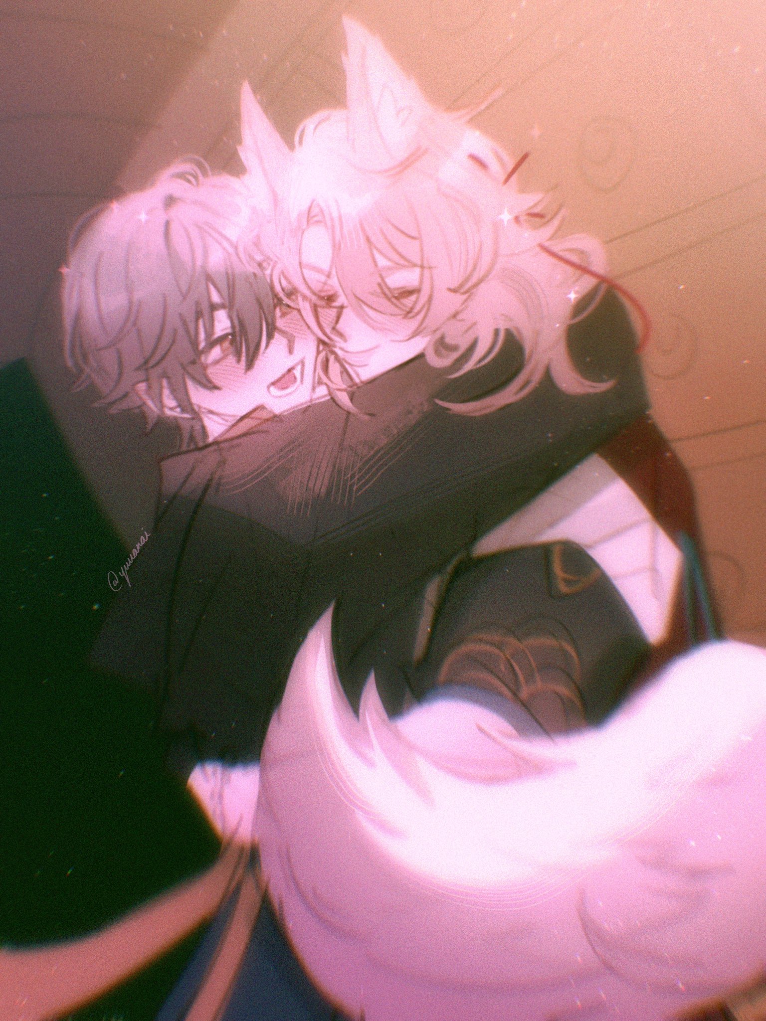 this is a digital illustration of two anime characters, one male and one female, embracing each other. the female character has fluffy white hair, while the male character has darker, more tousled hair. they appear to be affectionate with each other, and the image is set against a soft, pastel pink background. the overall atmosphere of the image is sweet and romantic.