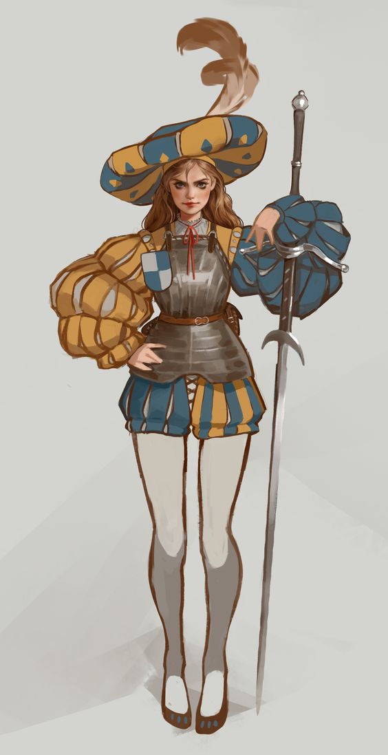 the image showcases a female character with a confident stance, dressed in a blend of elegant clothing and armor. she wears a widebrimmed hat adorned with a feather, a fitted bodice over chainmail,  voluminous  yellow and blue striped breeches, and white tights. she casually rests her hand on a long sword, highlighting her warrior identity. the overall aesthetic suggests a fantasy setting inspired by medieval and renaissance fashion.
