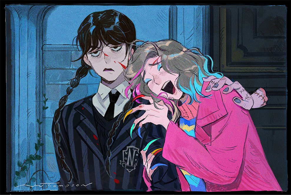 this is an illustration of two female characters with long hair, one has black hair in pigtails and the other has a mix of green, pink, and blue hair, they both appear to be monsters or fictional characters, the one with the black hair is wearing a black and white striped jacket with a tie and a dark expression, the other character is wearing a bright pink and blue jacket and a bright yellow and blue sweater, she is smiling with her mouth open and has sharp teeth and long sharp claws, her fingers and hand are also stitched together, there is blood on the girl in the black jacket and on the wall. the background is a dark blue and features a dark blue wall with white bricks and a dark green vine. the image appears to be a still from a horror or fantasy film.