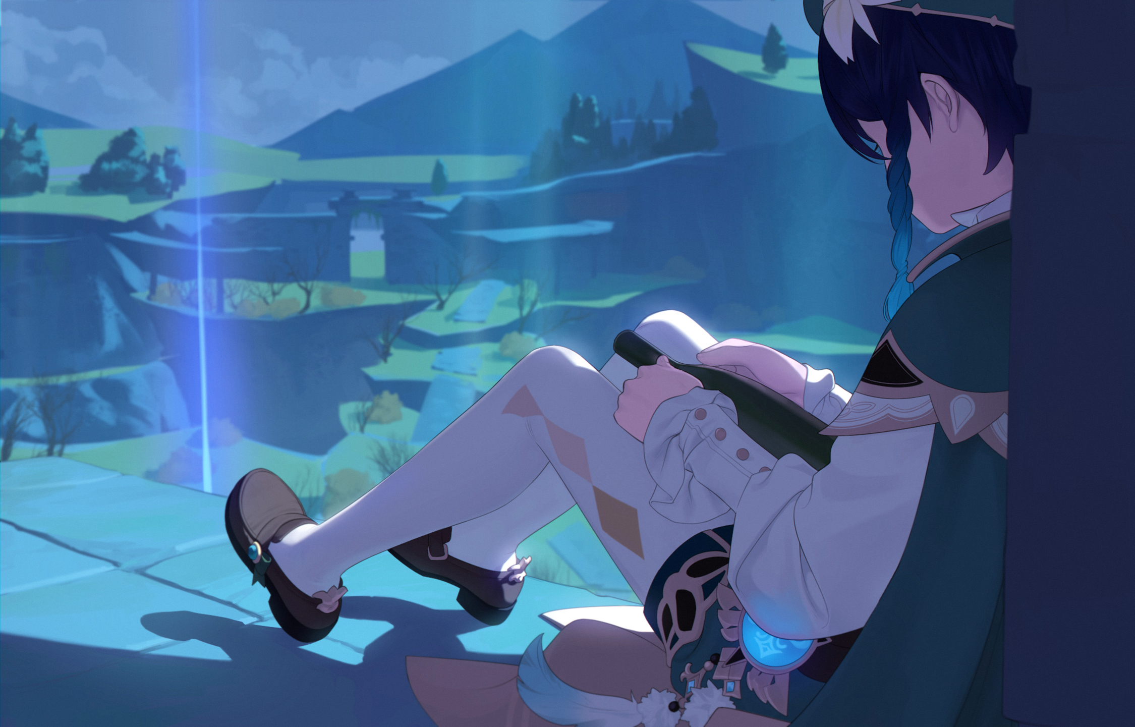 the image showcases a lone, androgynous anime character with teal hair, likely male, dressed in an elaborate white, green, and gold outfit. he sits pensively on ancient stone ruins, his back resting against a broken pillar. he gazes out over a mystical landscape bathed in the soft, ethereal glow of what appears to be twilight. glowing blue pillars of light pierce the landscape in the distance, adding to the magical atmosphere. lush green forests and towering mountains frame the horizon, while the overall color palette evokes a sense of tranquility and mystery.