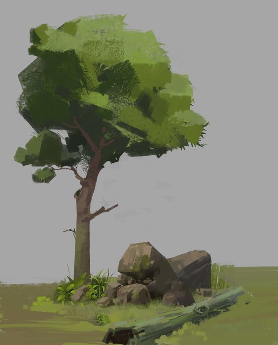 this is a digital painting of a tree with rocks and a log in the foreground. the style of the painting is impressionistic, with visible brushstrokes and a limited color palette. the lighting is soft and diffused, suggesting an overcast day. the overall mood of the painting is peaceful and serene.