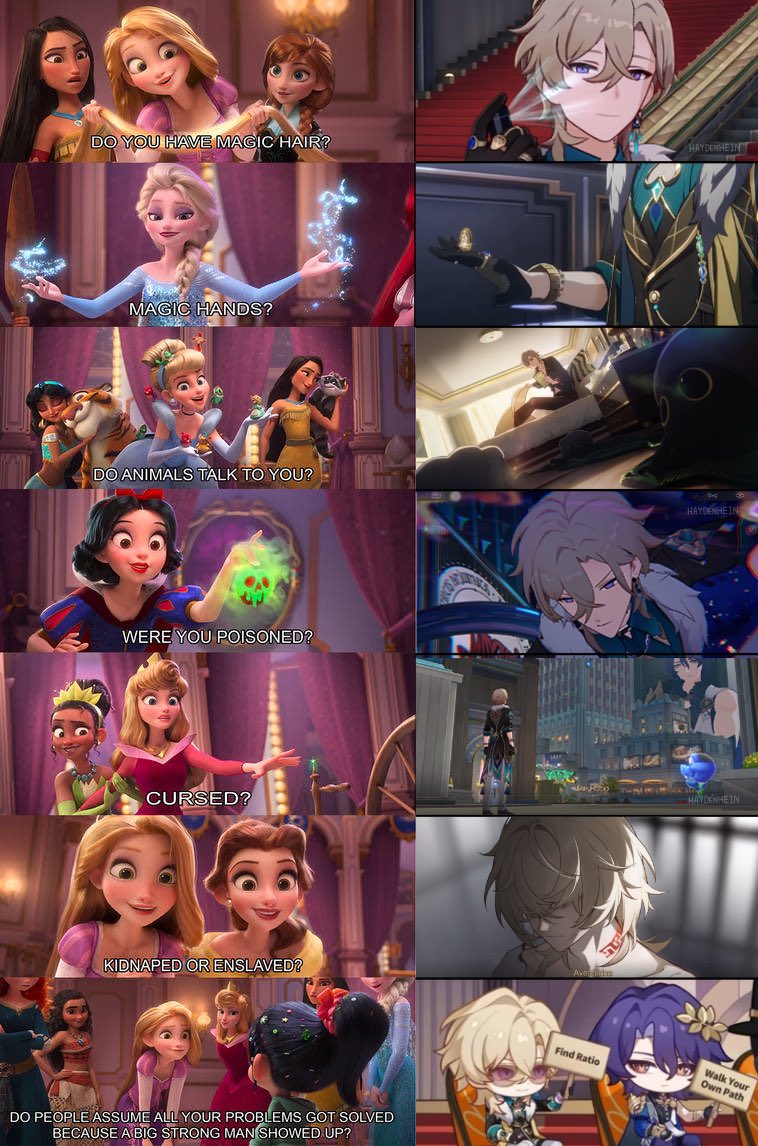 this is a meme image that compares the lives of disney princesses to the life of an anime character from genshin impact. the top half of the image shows various disney princesses with a question posed to them that relates to their specific story, for example "were you poisoned?", "do animals talk to you?", or "were you kidnapped or enslaved?". the bottom half of the image shows an anime character with the question "do people assume all your problems got solved because a big strong man showed up?". the implication is that disney princesses are often helpless and rely on men to solve their problems, while anime characters are stronger and more independent. this meme is humorous and makes a funny comparison between two different types of characters.