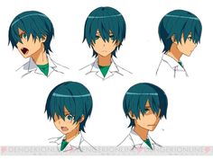 the image showcases a digital character design of a young man with short, vibrant blue hair and striking green eyes. presented in an anime/manga style, the drawing offers five different headshots of the character, each capturing a unique facial expression. from surprised and curious to determined and slightly annoyed, the artwork effectively conveys a range of emotions. his attire, a simple white collared shirt with teal accents, remains consistent throughout each variation.  the clean linework and vibrant color palette contribute to the overall appeal of this character design.