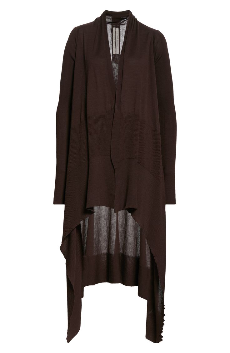 a dark brown, longsleeve cardigan with a shawl collar and an asymmetrical hem is displayed against a white background.