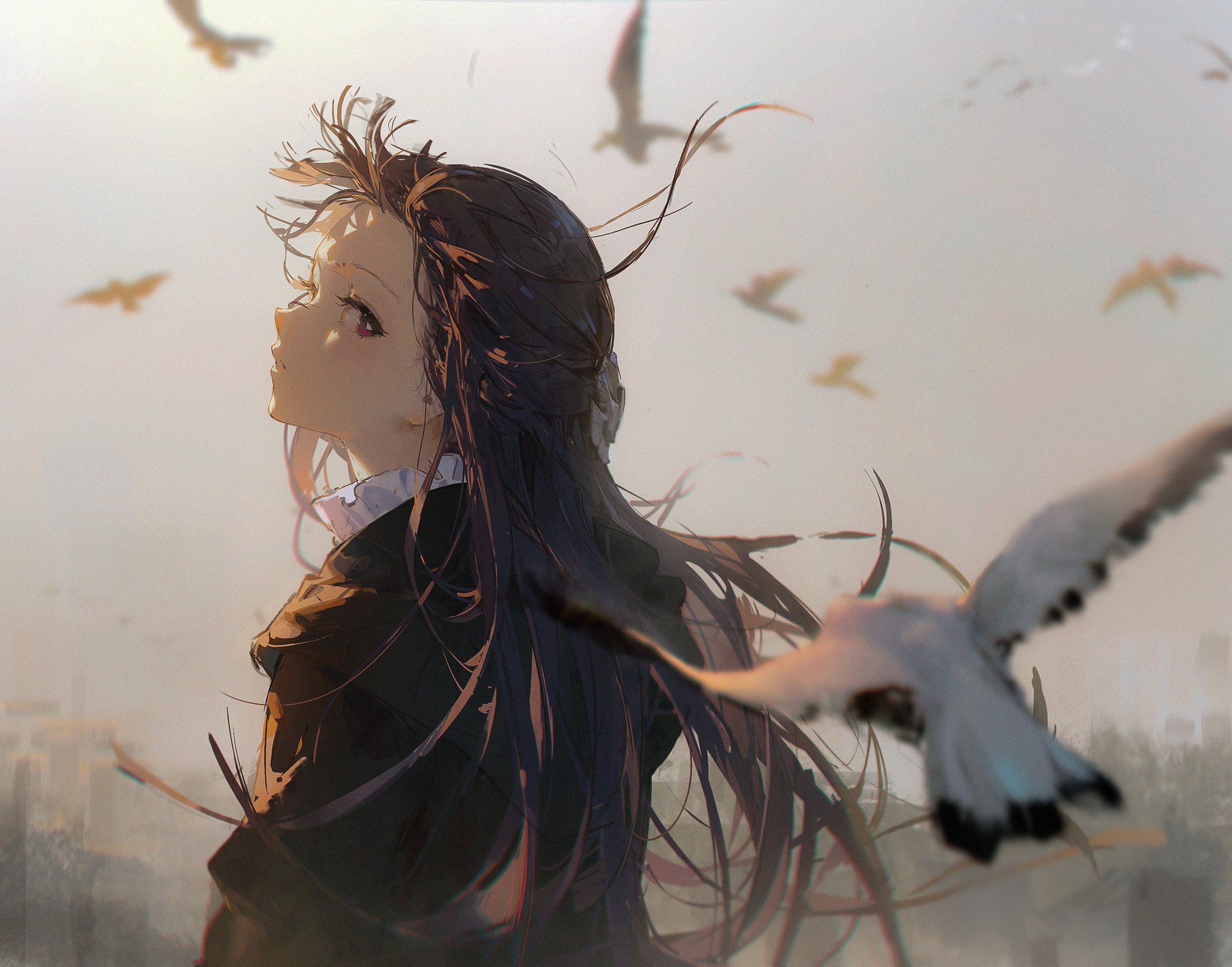 a young woman with long purple hair is standing in the middle of a city street, looking up at the sky with a pensive expression. the wind is blowing her hair and a white bird is flying past her. there are buildings and windows in the background. the image is in a style that is reminiscent of anime and fantasy. the colors are bright and the overall mood is one of sadness and introspection.