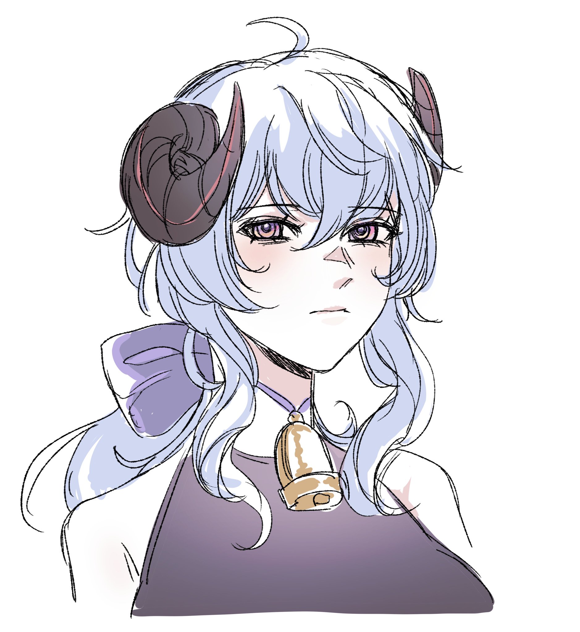 this is a digital drawing of an anime girl with white hair, horns, and a bell around her neck. she is wearing a purple dress and has a wistful expression.