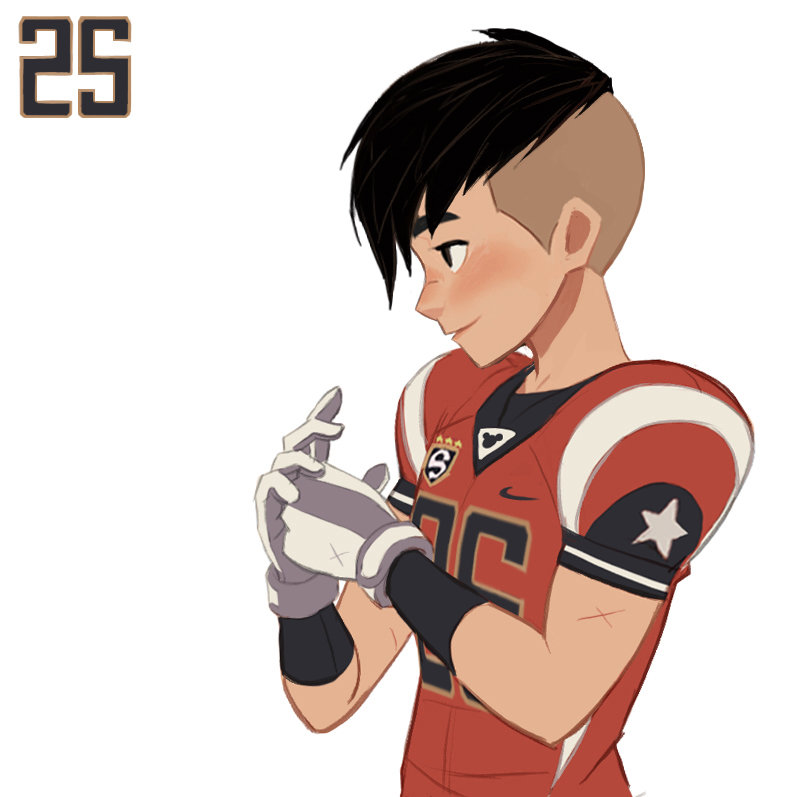 a stylized drawing of a young man wearing a red and white football uniform. he's putting on white gloves and has a look of slight blushing on his face. the number 25 appears in the top left corner.
