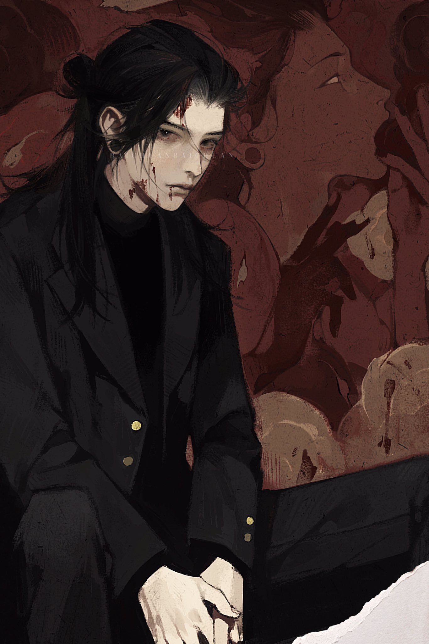 a digital painting of a young male anime character with long black hair, he's wearing a black suit and a black jacket with two golden buttons. his eyes are dark and he has a piercing on his left ear. there are traces of blood on his face and on the jacket. he's sitting and looking directly at the viewer with a serious expression. the background is dark red, and the lower part of the picture is torn as if a page was ripped off.
