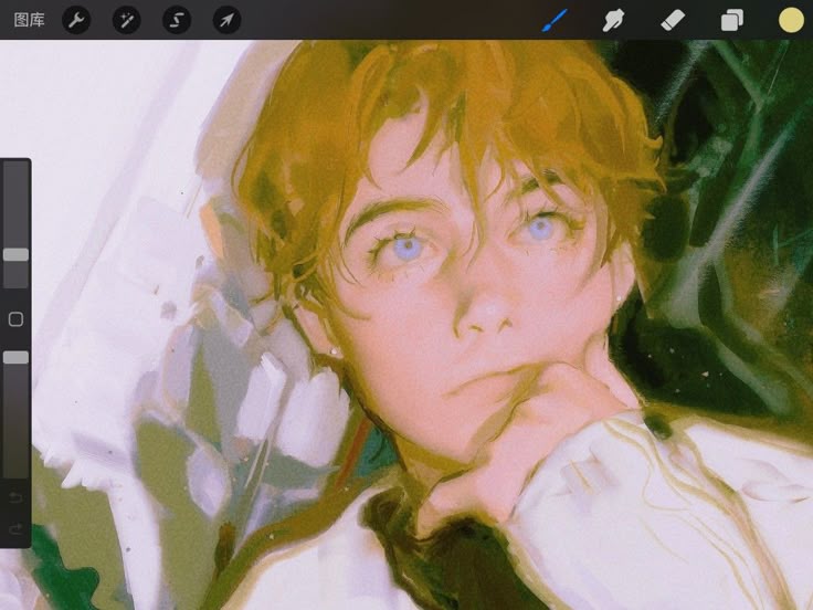the image shows a digital painting of a young woman with blonde hair and striking blue eyes. she has fair skin and is depicted with a pensive expression, resting her chin on her hand. the artwork is created in a soft and dreamy style with visible brushstrokes, characteristic of digital painting tools like procreate. the background is a blend of light and dark tones, adding depth to the portrait. the image is an example of digital art with a focus on portraiture and expressive illustration.