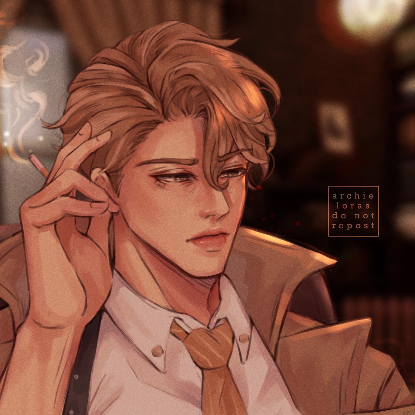 the image is a digital painting or illustration of a young, handsome man with blond, styled hair. he's dressed in a beige trench coat over a lightcolored shirt and a striped tie, suggesting a detective or character from a period piece.  he's holding a cigarette to his lips, appearing pensive and somewhat moody. the lighting is warm and dramatic, contributing to a vintage or retro aesthetic. the overall style is elegant and sophisticated.  a watermark reading "archie loras do not repost" is visible in the image.