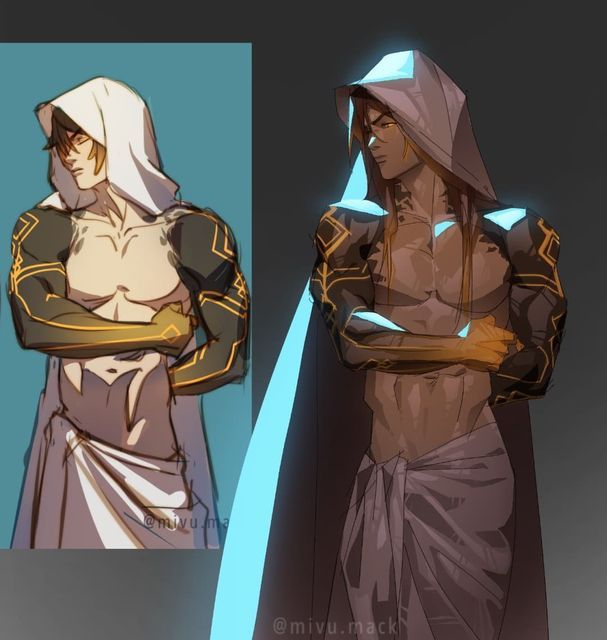 the image presents a digital artwork featuring a comparison of two versions of a male character. both characters share similar features: a hooded garment, intricate golden arm tattoos, and a muscular physique. however, they differ in skin tone—one has pale skin, the other dark—and the style of their clothing and hood. the left character appears as an initial sketch, less detailed, while the right character is a more refined version, with added glowing effects on the hood and cape.  both figures have their arms crossed across their chests, and wear a simple cloth wrap around their lower bodies.  the style leans towards fantasy art. the artist's signature is visible in both corners.