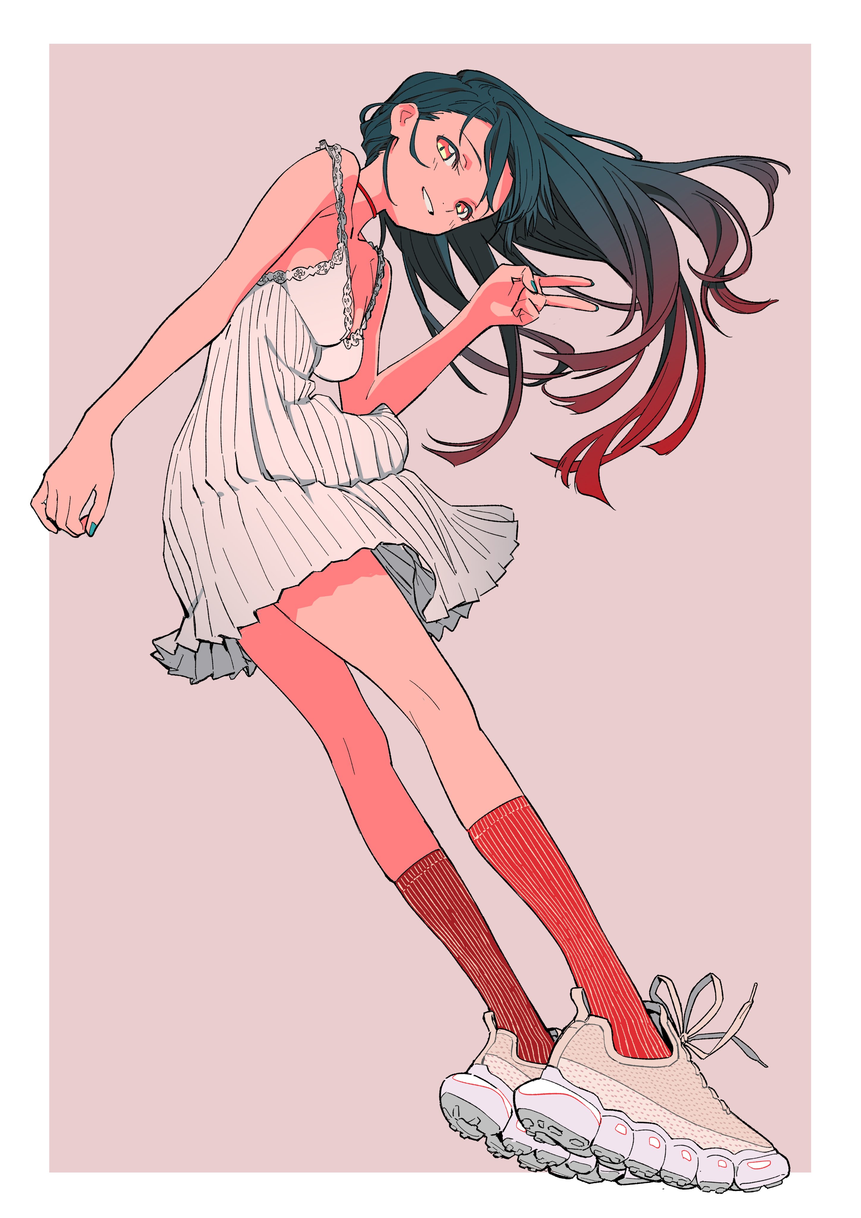 the image is a stylized digital illustration of an anime girl. she has long, dark hair with red highlights, and is wearing a white pleated dress, red socks, and chunky beige sneakers. she is striking a playful pose, making a peace sign with her hand. the background is a muted pink. the overall style is casual and fashionable.