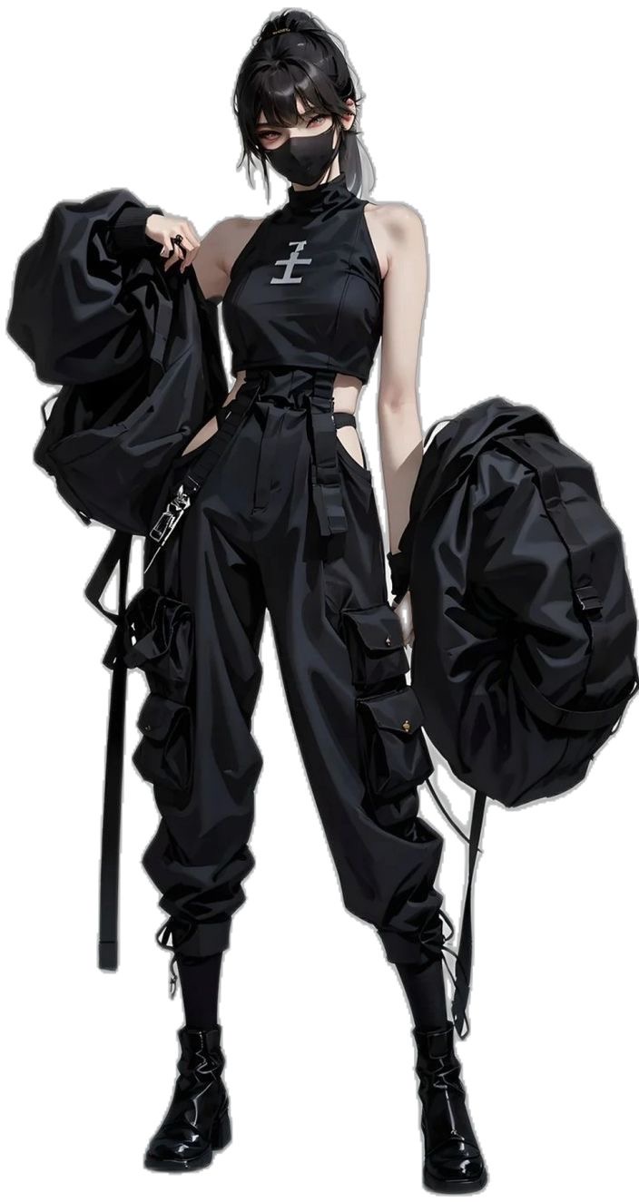 an anime girl is posing in a cool and confident manner. she is wearing all black clothing, including a mask and boots, along with a couple of bags.