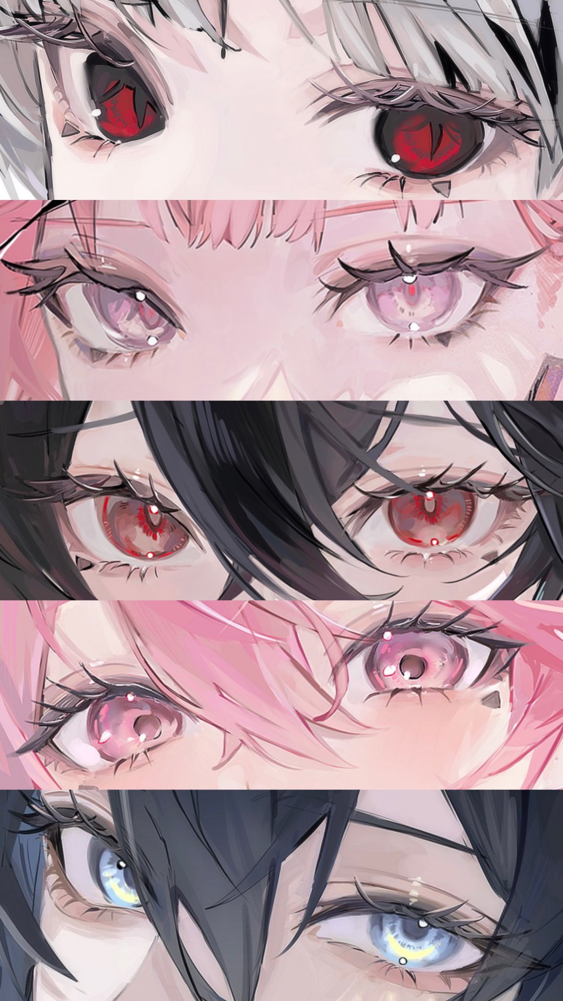 the image showcases a collection of five pairs of captivating animestyle eyes. each pair features distinct colors, shapes, and details, conveying various emotions. the first pair, belonging to a character with white hair, exudes intensity with its sharp red hue and defined pupils. the second pair, framed by pink hair, expresses a captivating gaze with its soft pink shade. moving to the third pair, accompanied by black hair, the eyes radiate a determined and confident aura through their vibrant red coloration. the fourth pair, adorned with pink hair, conveys a sense of innocence and wonder with its gentle pink tones. finally, the fifth pair, set against black hair, radiates a cool and enigmatic vibe with its piercing blue shade.