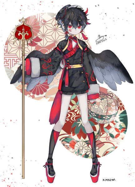 the image is a digital illustration of an anime girl with black hair and red eyes. she is wearing a black and red kimono with gold accents and has a pair of black wings. she is holding a staff with a red ornament on top. the background is a red and white pattern with circles, flowers, and other designs. the girl is standing on one foot with her other foot off the ground.