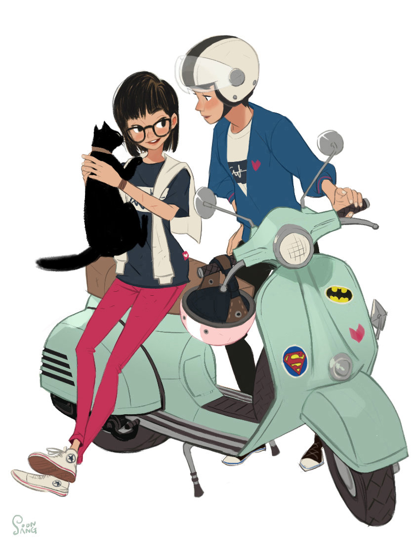 he image showcases a young couple with their pet black cat about to embark on a ride on their light blue vespa. the woman, wearing glasses, lovingly holds the cat while perched on the scooter. the man, sporting a helmet, stands beside her, ready to drive.  the vespa is adorned with superhero stickers, adding a playful touch to their ride. the soft lighting and slightly low angle create a warm and inviting atmosphere, emphasizing the couple's connection and shared sense of adventure.