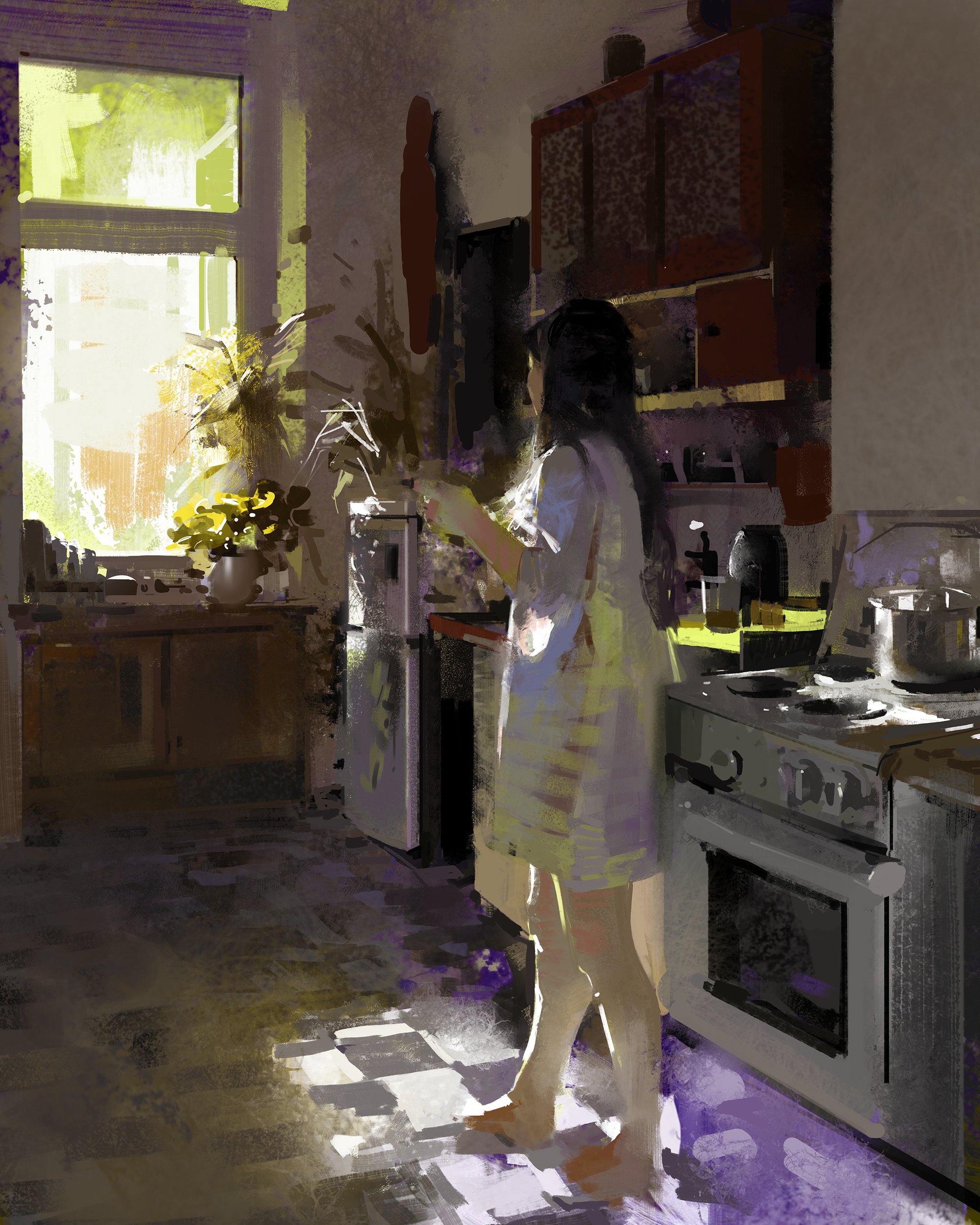 a young woman stands in a kitchen, her back to the viewer. she is looking out the window, which is flooded with sunlight. there is a plant on the counter behind her, and a refrigerator, oven, and sink can also be seen. the floor is checkered, and the walls are a pale yellow. the kitchen is sunny and bright, and the woman appears to be relaxed and enjoying the view.