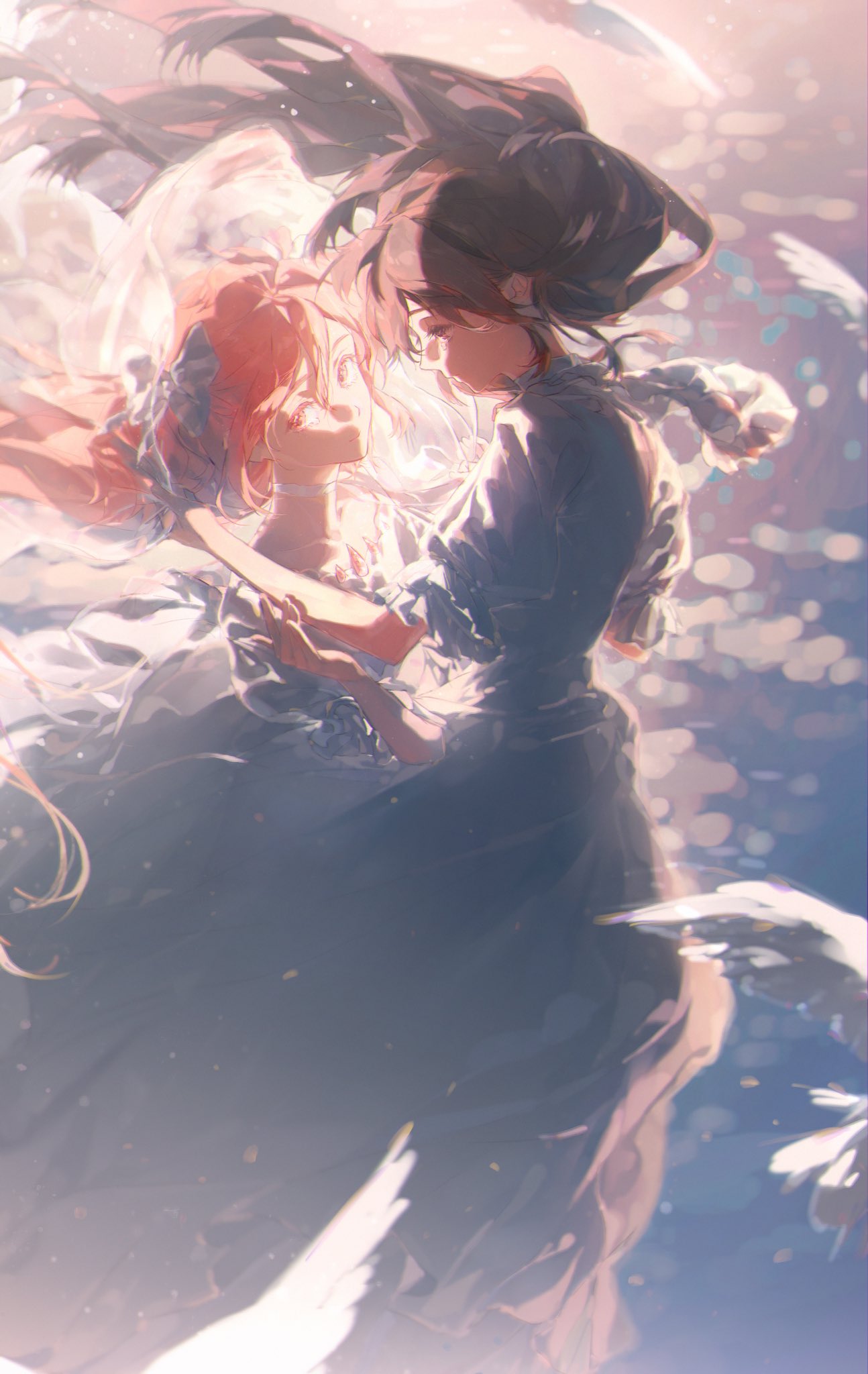 this is a beautiful and ethereal illustration of two anime girls embracing each other. they are both dressed in white dresses and have long flowing hair. the background is a soft blue and white with clouds, suggesting a dreamlike or magical setting. they are surrounded by white doves, which are a symbol of peace and love. the girls' expressions are gentle and loving, and the overall atmosphere is one of happiness and joy.