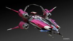 a 3d rendering of a futuristic spaceship. the spaceship is mostly pink and white, with blue accents. it has a sleek design, and a  dramatic lighting setup making it look like it is flying through space.