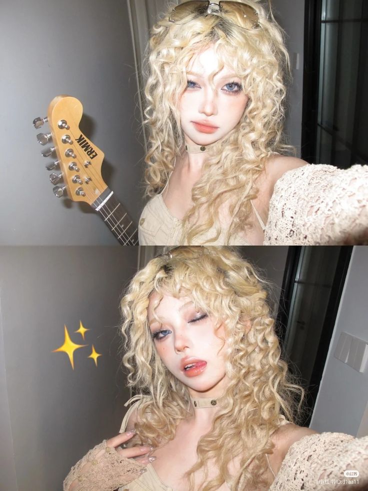 the image is a twopanel selfie of a young woman with voluminous blonde curly hair. she is wearing a beige, crocheted top and is holding a white electric guitar in the top panel.  her makeup has a grungeinspired look, with heavy eyeliner and a nude lip. the bottom panel shows her with a similar pose, with the addition of digital sparkles edited near her face. the overall aesthetic is edgy and fashionforward.