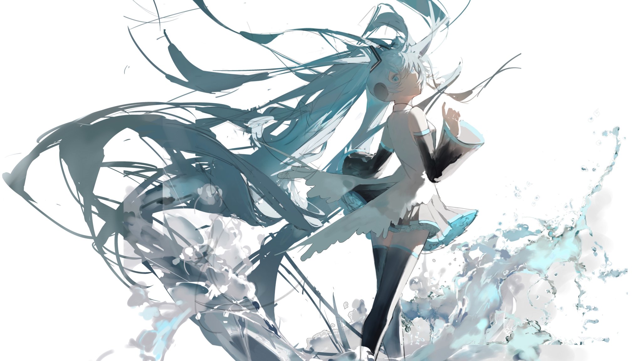 the image is a digital painting or illustration featuring hatsune miku, a popular vocaloid character.  miku is depicted with her signature long, teal hair flowing dramatically, almost like a splash of paint itself.  she's wearing a short, white, and teal dress.  water splashes surround her feet, enhancing the sense of movement and fluidity in the piece.  the style is highly stylized and artistic, with abstract brushstrokes and a focus on motion.  the overall effect is one of dynamic energy and ethereal beauty.