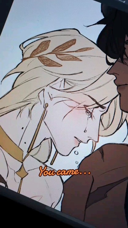 the image is a digital drawing or painting of two animestyle characters, a woman with long blonde hair and a man with dark hair. the woman is shown with tears on her face, and the text "you came..." is written in the image. the artwork appears to be a romantic scene, with the characters close together. the style is expressive, with clear line art and soft colors.