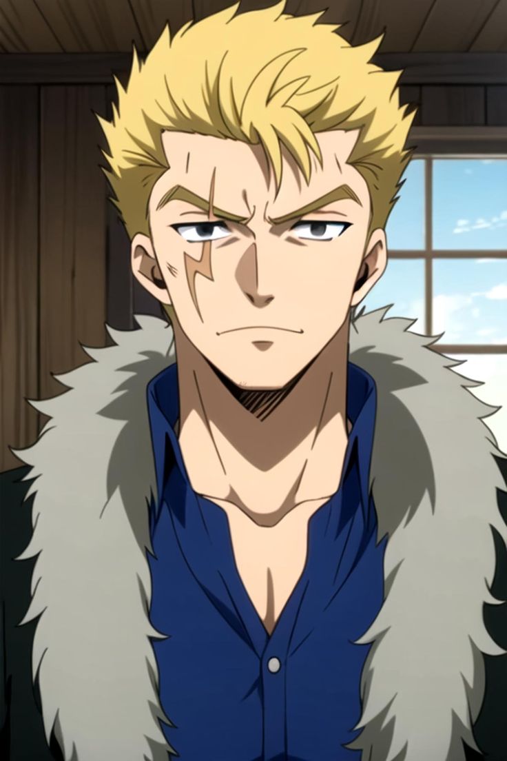 a closeup illustration of an anime male character. he has blond hair, a scar on his face, and is wearing a blue shirt and a fur collar. he has a serious expression on his face and is looking towards the left side of the frame.
