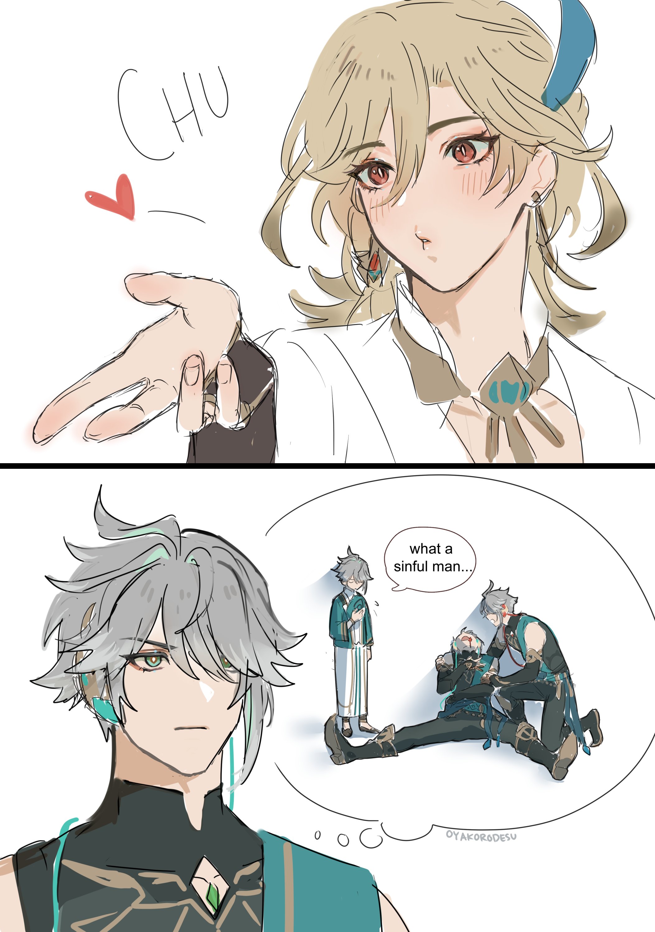 this is a digital illustration of two anime characters from the game genshin impact. the top panel shows a character with blonde hair, holding out their hand and blushing. they have the word "chu" and a heart above them. the bottom panel shows a character with white hair and green eyes looking in thought. they are looking at a thought bubble which shows two other characters, also from the game. in the thought bubble, one of the characters is wearing a white outfit, and the other is wearing a dark green outfit. they are on the ground, and the character in the dark green outfit is holding the other character's hand.