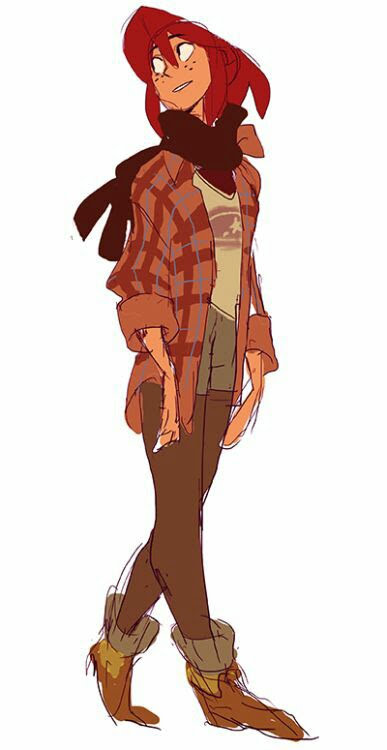 a cartoon woman with red hair and a plaid shirt is standing in an illustration. she is wearing a scarf, brown pants, and boots. the drawing is in a colorful and detailed style.