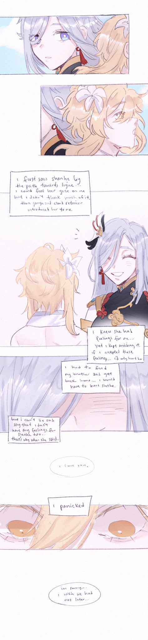 this is a mangastyle illustration depicting a romantic scene between two young men. the top panel shows a closeup of the two characters, a blondehaired boy and a silverhaired boy, smiling at each other. the second panel shows the two characters speaking, and the text bubbles indicate they are discussing their relationship. the third panel shows the blondehaired boy blushing as he leans in towards the silverhaired boy. the final panel shows a closeup of the blondehaired boy's face, blushing intensely, and a speech bubble that says, "i panicked." the art style is soft and delicate, and the overall mood of the illustration is sweet and romantic.