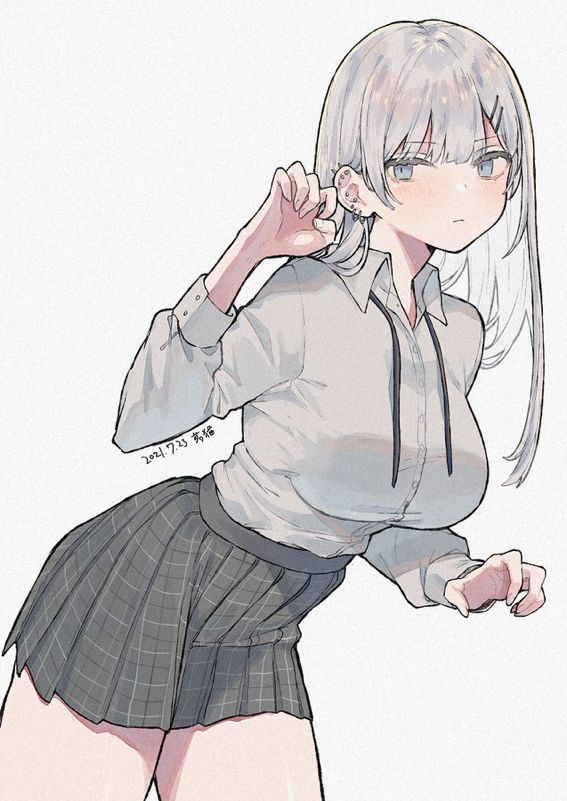 the image is an anime illustration of a girl with white hair and blue eyes. she's wearing a white shirt with a black tie and a grey plaid skirt. the girl is looking to the right side of the image, with her left hand on her ear and her right hand stretched out. the girl is illustrated with a cute and charming appearance.