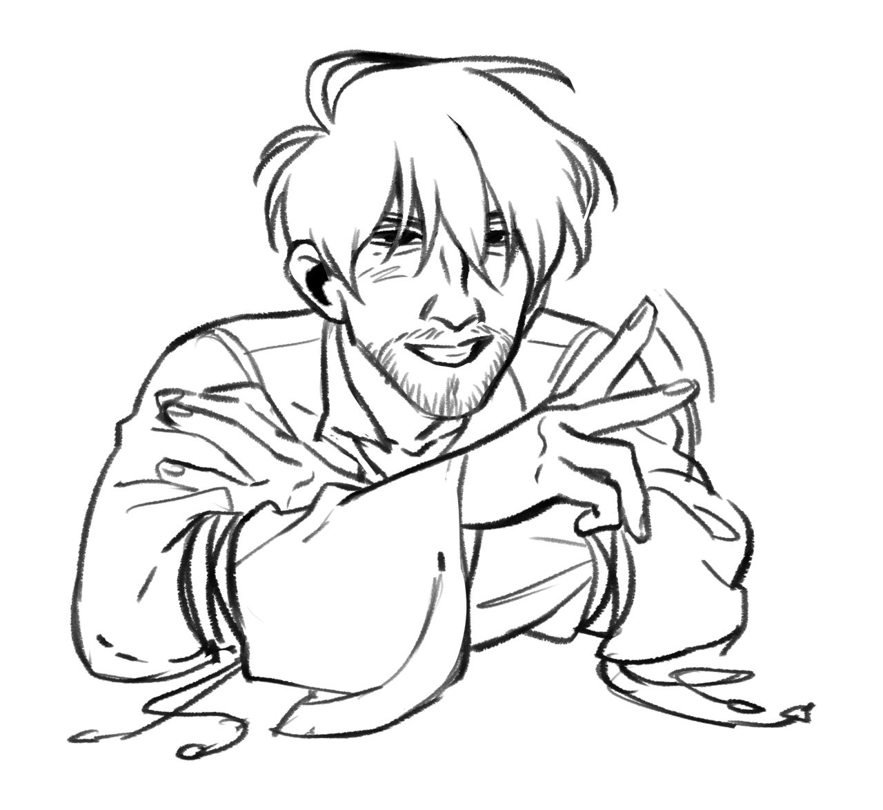 the image is a black and white line art drawing of a man from the waist up. he has medium length hair, a beard, and is smiling. his hands are raised in front of him, gesturing outward. he is wearing a loose shirt with large sleeves that have ties at the wrists.