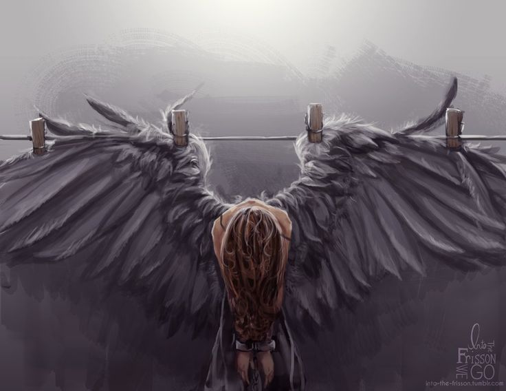 a digital painting depicts a figure with large, dark angel wings pinned to a clothesline with wooden clothespins. the figure, facing away from the viewer, has long, light brown hair hanging down, and their hands appear to be shackled. the overall atmosphere is one of vulnerability and captivity.