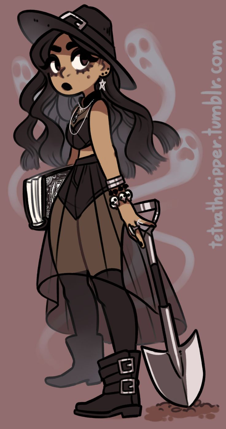 a witch with a witch hat on and holding a book with a shovel beside her. there are ghosts behind her. she is dressed in a black skirt, black top and thighhigh boots.  the background is a soft pink color.