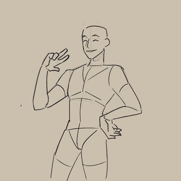 this is a line drawing of a man standing with his left hand on his hip and his right hand raised up. he is smiling and looking to the left of the image. the drawing is simple and stylized, with a focus on the figure's pose and expression.