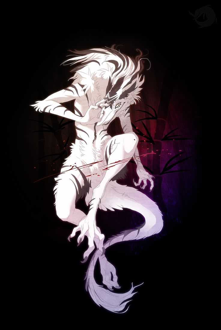 a white tigerlike furry creature with black stripes is illustrated against a black background. it's humanoid in form with a tigerlike head and body. the creature has sharp claws and a long tail. red streaks, possibly representing blood, are visible on its body. the background is dark with subtle red and purple hues, creating a mysterious atmosphere.