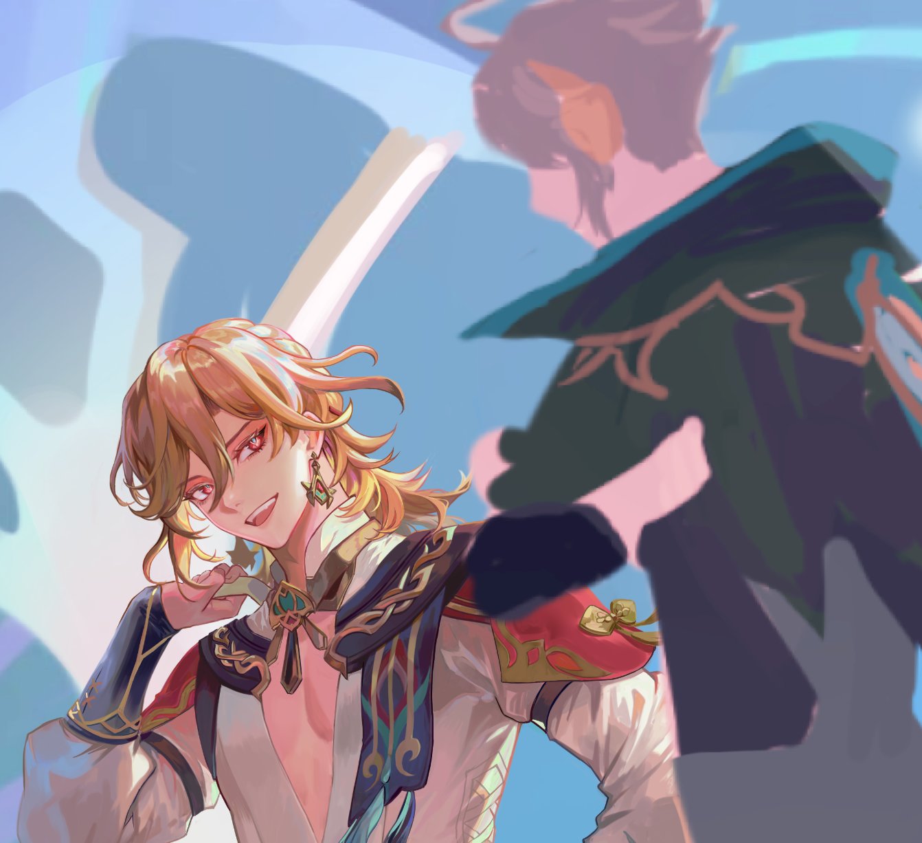 the image shows two anime characters. the male character in the foreground is in a confident pose, with his hand on his chest, as if he is posing for a portrait. he has blonde hair and blue eyes and a gold necklace. he is wearing a white shirt with a red and gold collar. the second character is in the background and partially obscured by a halo. he is wearing a dark shirt, possibly a cloak. he is facing away from the viewer, but his hand is raised in a gesture that suggests he is either pointing or greeting the viewer. the image has a soft, pastel color scheme and is rendered in a style that is both charming and stylish.