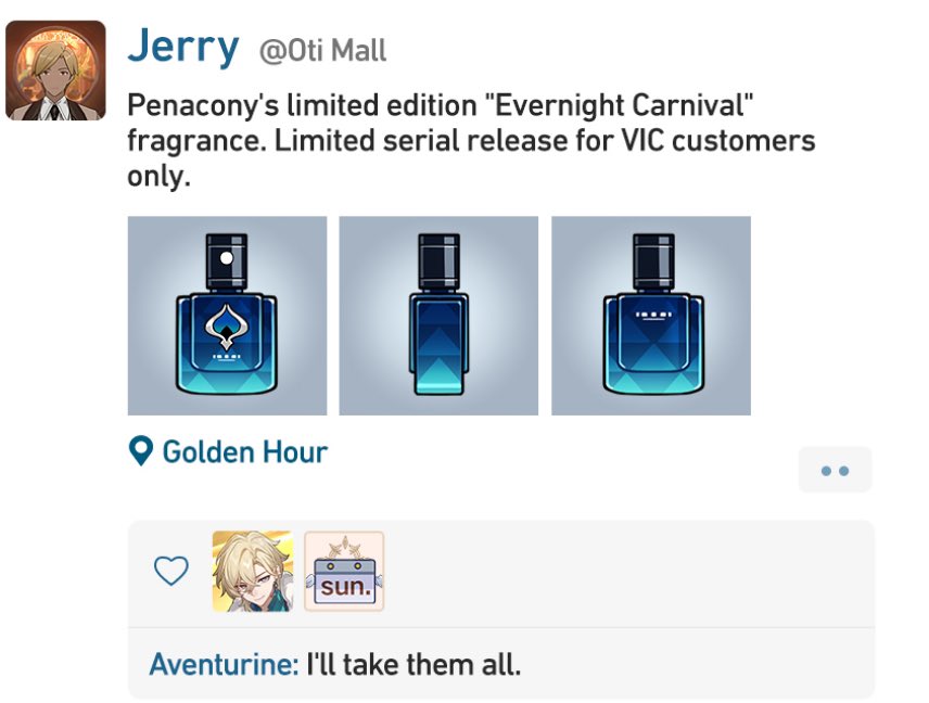 a twitter post announcing a limited edition fragrance called "evernight carnival" by penacony. it is a limited serial release available to vic customers only. there are three different versions of the perfume shown on the post. the post is from user jerry, and it also has a reply from user aventurine.