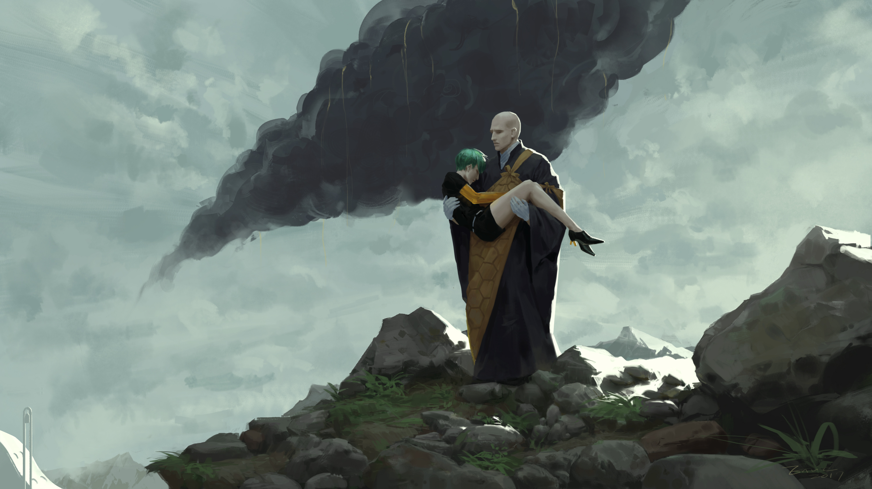 a digital artwork depicts a scene reminiscent of "houseki no kuni" (land of the lustrous). kongousensei (adamantsensei), a tall, bald figure wearing monklike robes, is carrying a seemingly unconscious phosphophyllite (phos) in his arms. the setting is a rocky landscape with sparse vegetation. dark, stormy clouds loom overhead, hinting at a recent or impending disaster. the overall mood is somber, suggesting a rescue or a moment of crisis.